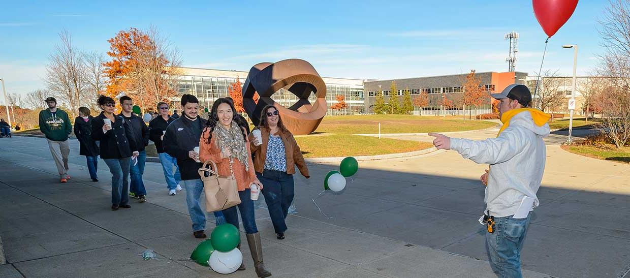 Students taking a campus tour